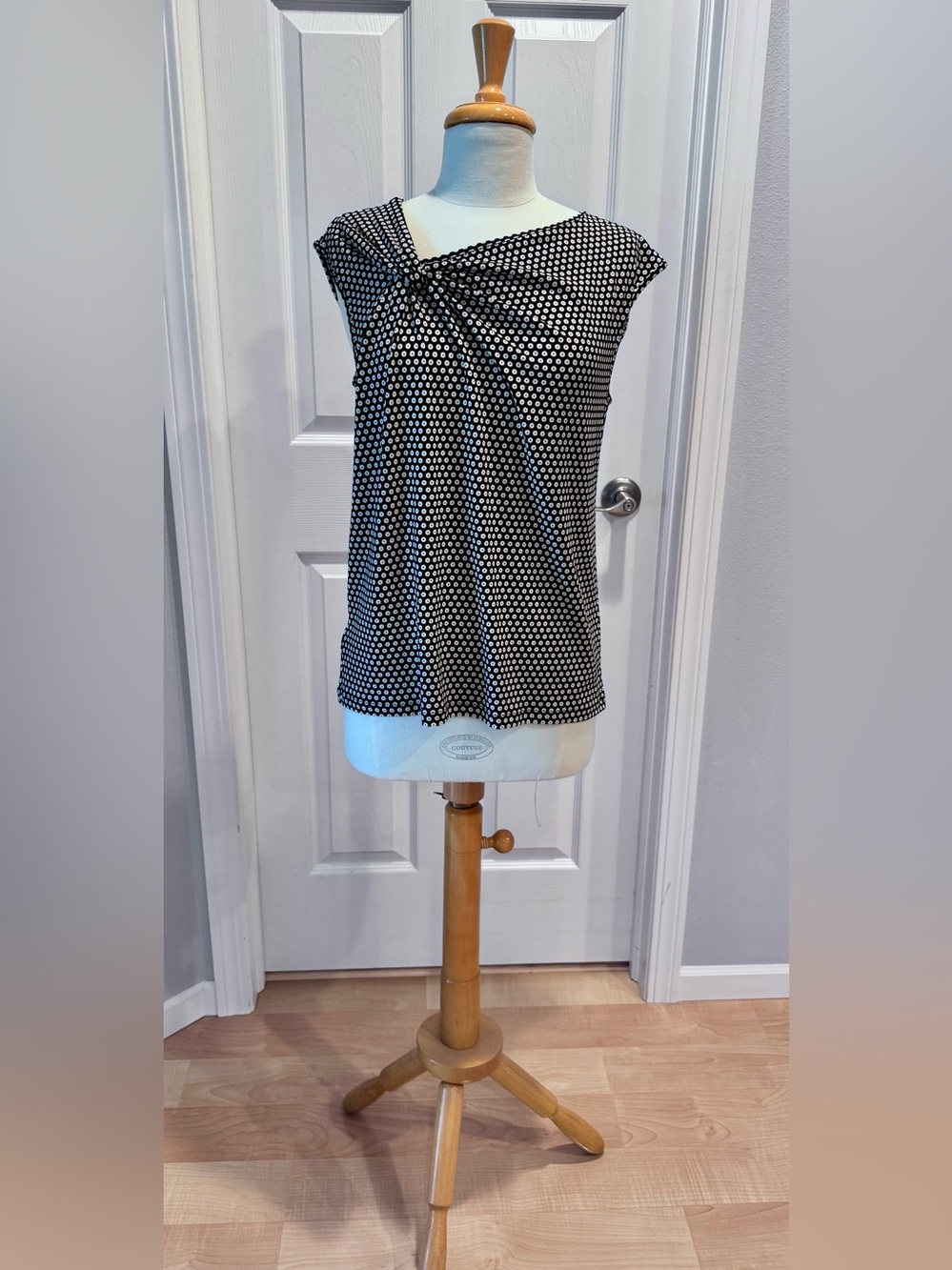 Ann Taylor Black with White Polka Dot Twist Neck Blouse